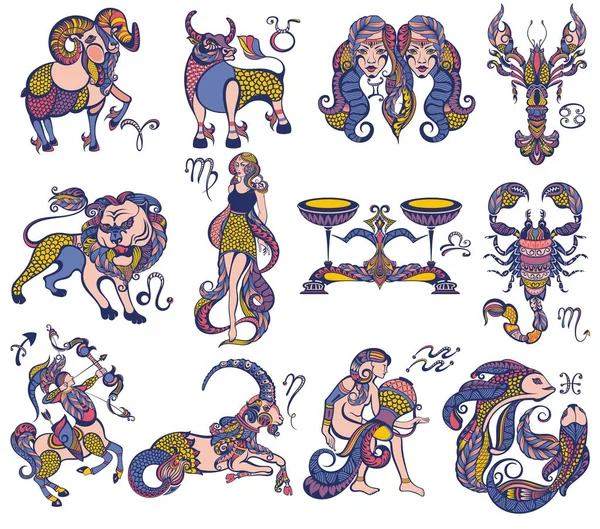 Набор Знаков Зодиака Овен Леон Близнецы Taurus Скорпион Аквариус Pisces — стоковый вектор