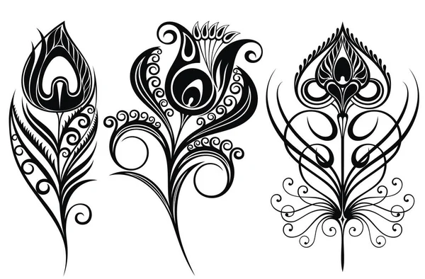Krásná Kolekce Vektorové Dekorativní Tetování Páví Peří — Stockový vektor