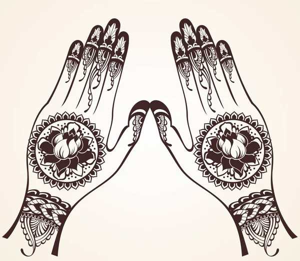 Mãos Femininas Com Tatuagem Tradicional Hena Indiana Modelo Para Banner — Vetor de Stock