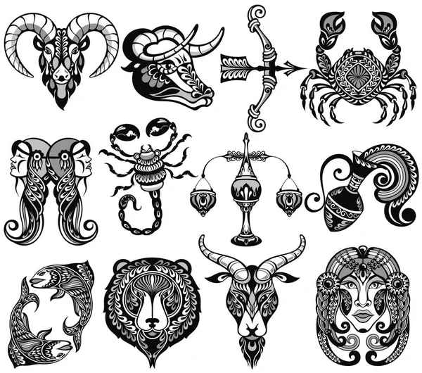 Σύνολο Zodiac Σημάδια Εικονίδια Κριός Λέο Γεμίνι Ταύρος Σκορπιό Υδροχόος — Διανυσματικό Αρχείο