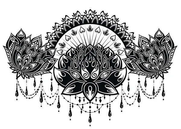 Wzór Kwiatu Lotosu Rysowania Tatuażu Henny Dekoracje Etnicznym Orientalnym Indyjskim — Wektor stockowy