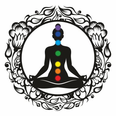 Yoga sembolü vektör illüstrasyonu. Yoga logosu. Beyaz arka planda yoga yapan bir kızın ilüeti. Meditasyon silueti.