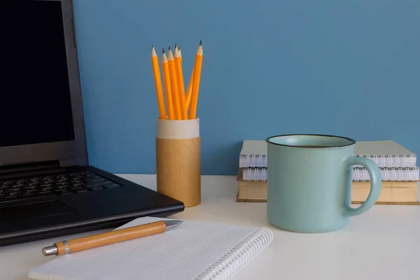 Modern Home Office Creative Entrepreneur Student Black Laptop White Table — Stock Photo, Image