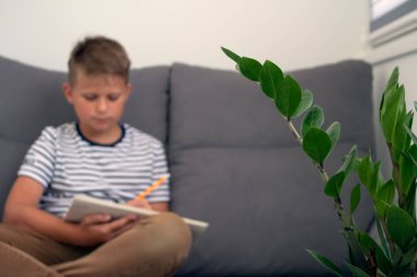 Çalışkan çocuğun çizim ya da yazı yazma konusundaki mavi portresi, ödev yaparken gri kanepede oturması. Uzaktan eğitim ya da kişisel eğitim kavramı. Yapraklara odaklan, mavi arka plan. Seçici odak