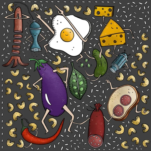 Scrambled eggs, cheese, sausage, eggplant, cucumber, peas, sandwich, sausage, rice, pasta and other doodles on grey background