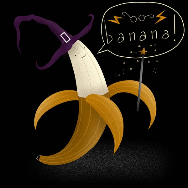 Banana con bacchetta magica dice un incantesimo per Halloween in cappello magico — Foto Stock