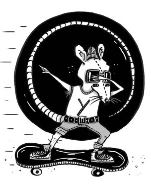 sıçan atlet spor ayakkabı, kot pantolon ve bir kap rüzgarda ile bir kaykay sürmek