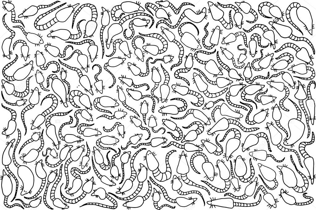 Pattern of numerous rats with tails on a white background