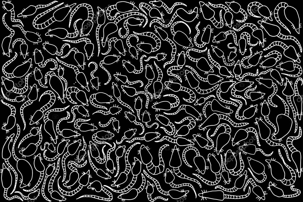 Pattern of numerous rats with tails on a black background
