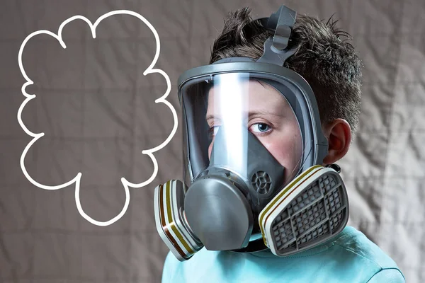 Portrait of a boy in a light t-shirt with a gas mask — Stock Photo, Image