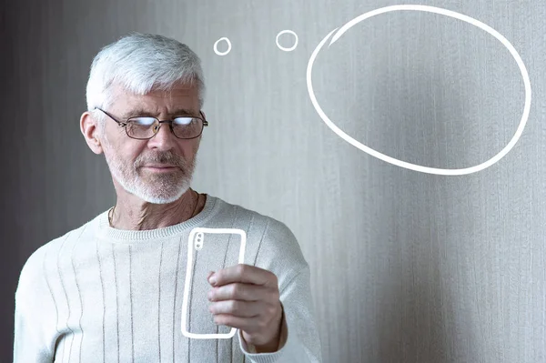 Gray-haired man in light clothes with a phone is thinking about something — Stock Photo, Image