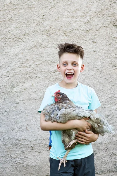 Ein glücklicher Junge in blauem T-Shirt, der Hühner hält und auf verschwommenem Hintergrund lacht — Stockfoto