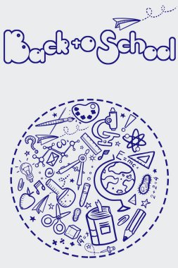 okula geri tema kompozisyon. yuvarlak noktalı çizgideki simgeler ve açık arka plan daki yazıt