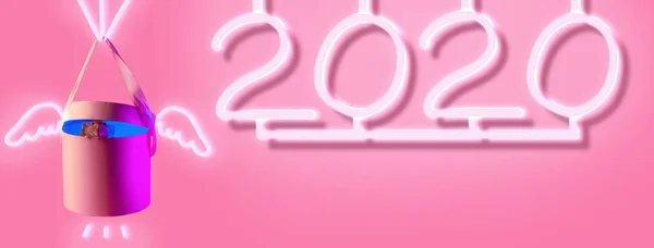 Sød dekorativ rotte i gave og 2020 neon skilt med skygge på lyserød baggrund - Stock-foto