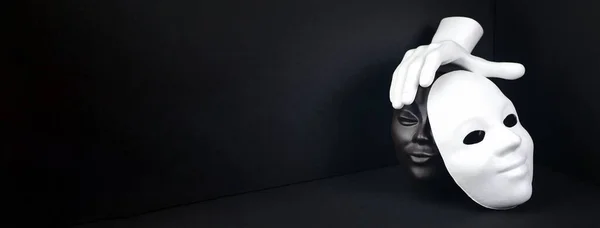 Black White Concept Racism Theatre Face Mask Hand Dark Geometric — Stock Photo, Image