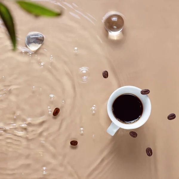 White Mug Espresso Coffee Beans Ice Water — Stock Photo, Image