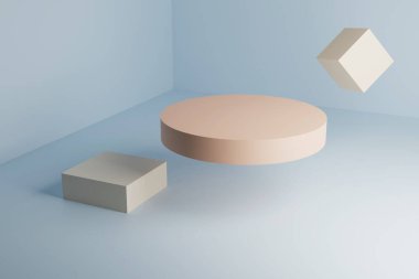 3 boyutlu podyum silindiri, dikdörtgen ve kare geometrik köşede. Model, kozmetik ürünleri ve diğer ürünlerin reklamında kullanılır..