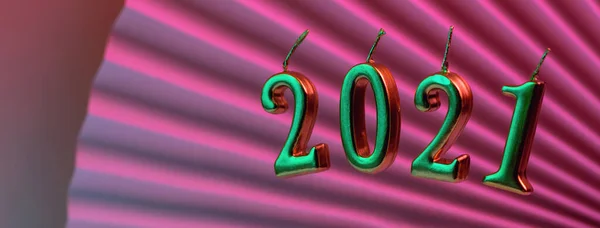 New Years candles 2021 on the round podium, illuminated by neon, against the background of the fan. A modern concept — Stock Photo, Image