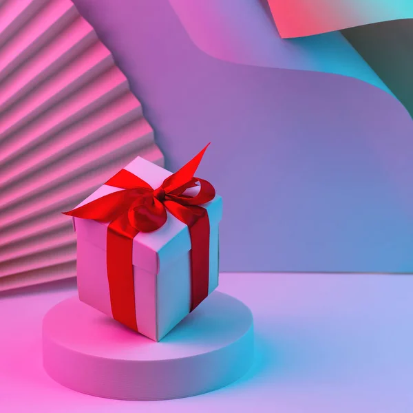 Caja de regalo con cinta roja sobre fondo de color neón de moda. gravedad cero. levitación. espacio de copia. Concepto de ventas, precio de descuento, regalos de Navidad y compras. — Foto de Stock