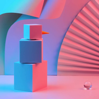 Küplerin çokgen kardan adamı, fanın arka planına ve kağıdın köşelerine karşı neon ışıkla aydınlatılır. Trend Kavramı 2020, 2021