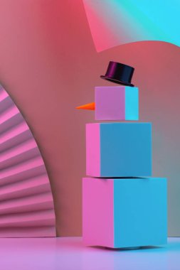 Küplerin çokgen kardan adamı, fanın arka planına ve kağıdın köşelerine karşı neon ışıkla aydınlatılır. Trend Kavramı 2020, 2021