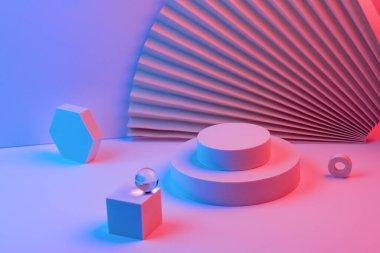 Podyumdaki geometrik şekiller piramidi, neon ışıklarıyla aydınlatılmış, yelpaze ve kağıdın arka planı ters açıyla aydınlatılmış. Kavram.