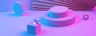 Podyumdaki geometrik şekiller piramidi, neon ışıklarıyla aydınlatılmış, yelpaze ve kağıdın arka planı ters açıyla aydınlatılmış. Kavram. Pankart