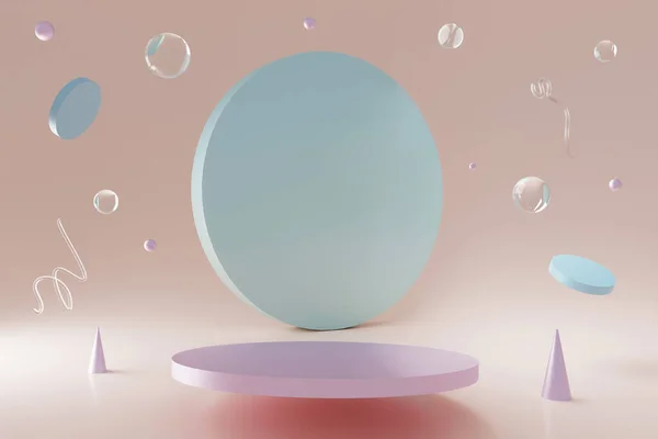 Odanın köşesinde asılı duran üç boyutlu neon camlı geometrik şekiller. Podyum maket için iyidir. 3d illüstrasyon