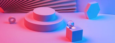 Podyumdaki geometrik şekiller piramidi, neon ışıklarıyla aydınlatılmış, yelpaze ve kağıdın arka planı ters açıyla aydınlatılmış. Kavram. Pankart