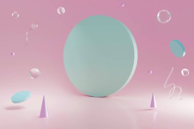 Odanın köşesinde asılı duran üç boyutlu neon camlı geometrik şekiller. Podyum maket için iyidir. 3d illüstrasyon