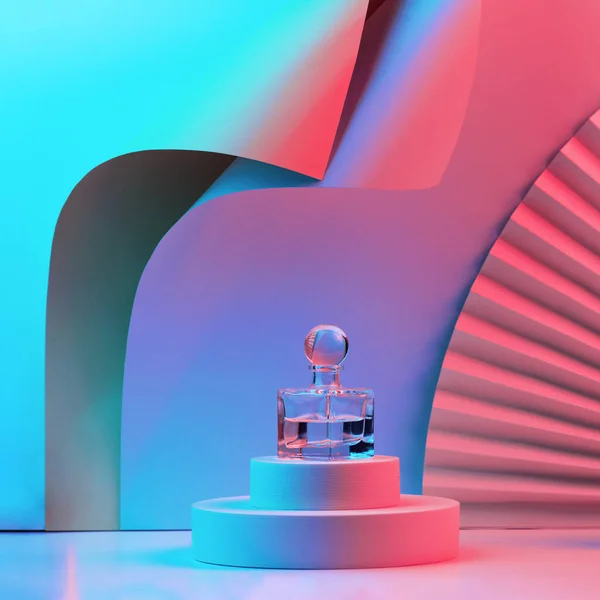 Composição Com Perfume Pódio Com Formas Geométricas Ventilador Luz Néon — Fotografia de Stock