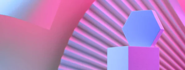 Pyramid Geometric Shapes Podium Illuminated Neon Background Fan Paper Turned — Stock Photo, Image