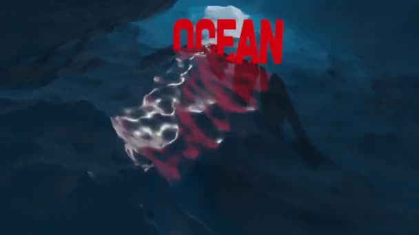 Tmavě modrý povrch oceánu je vidět z podmořských vod. Červený nápis. Abstraktní vlny pod vodou a dovnitř pronikají paprsky slunečního světla. 3D animace