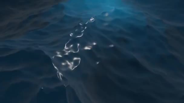 Tmavě modrý povrch oceánu je vidět z podmořských vod. Červený nápis. Abstraktní vlny pod vodou a dovnitř pronikají paprsky slunečního světla. 3D animace