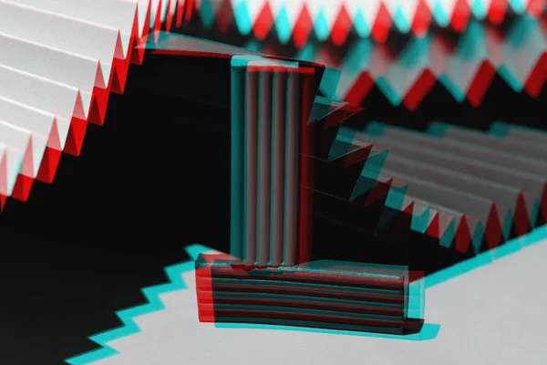 Modern multicolored composition of bars of clay and fans of cardboard. Stylish geometric concept. Glitch effect