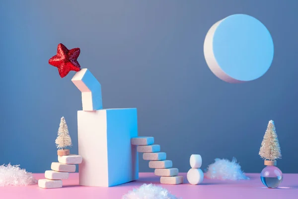 Inverno Ano Novo Ainda Vida Com Escadas Árvore Natal Estrela — Fotografia de Stock