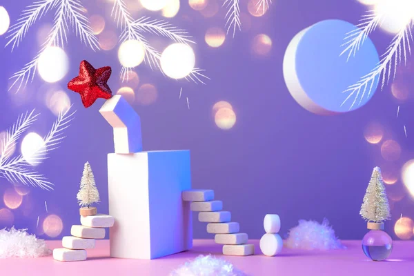 Kış Yeni Yıl merdivenleri, Noel ağacı, yıldız, güneş, kar ve pembe mavi bir arkaplanda geometrik şekiller
