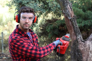 Ormanda testereyle ağaç kesen adam.