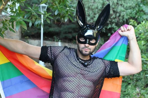 Close Retrato Bonito Jovem Gay Orgulho Traje Com Coelho Máscara — Fotografia de Stock