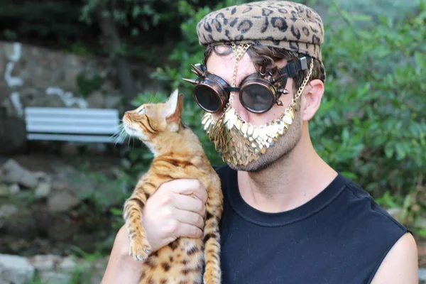 Nahaufnahme Porträt Eines Hübschen Jungen Mannes Mit Steampunk Brille Und — Stockfoto