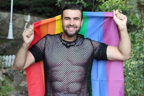 Close Retrato Belo Jovem Gay Orgulho Traje Com Lgbt Bandeira — Fotografia de Stock