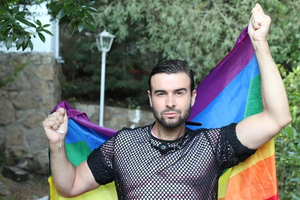 Close Retrato Belo Jovem Gay Orgulho Traje Com Lgbt Bandeira — Fotografia de Stock