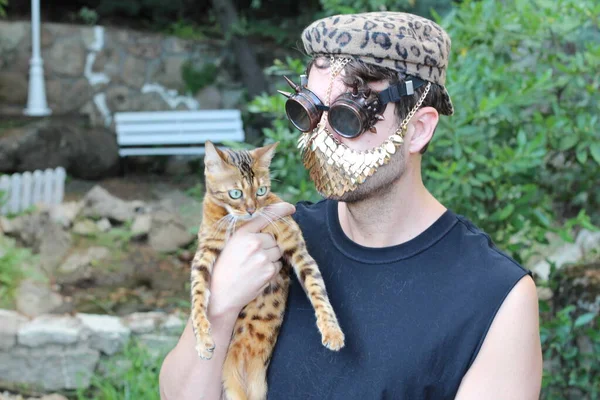 Nahaufnahme Porträt Eines Hübschen Jungen Mannes Mit Steampunk Brille Und — Stockfoto