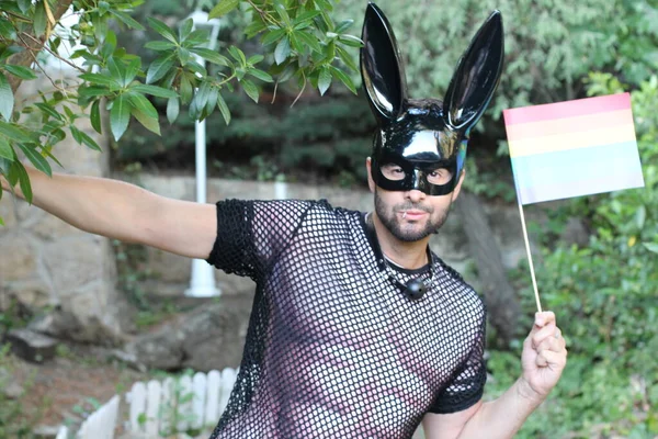 Close Retrato Bonito Jovem Gay Orgulho Traje Com Coelho Máscara — Fotografia de Stock