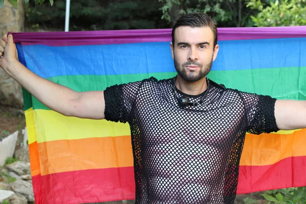 Close Retrato Belo Jovem Gay Orgulho Traje Com Lgbt Bandeira — Fotografia de Stock