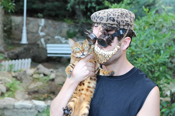 Nahaufnahme Porträt Eines Hübschen Jungen Mannes Mit Steampunk Brille Und — Stockfoto