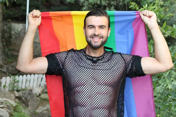 Close Retrato Belo Jovem Gay Orgulho Traje Com Lgbt Bandeira — Fotografia de Stock