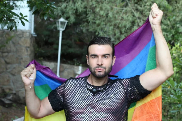 Close Retrato Belo Jovem Gay Orgulho Traje Com Lgbt Bandeira — Fotografia de Stock