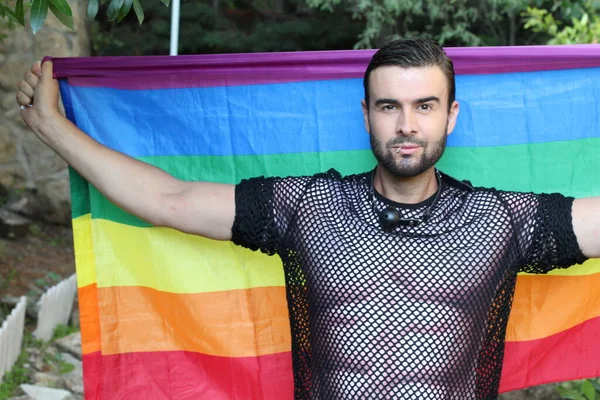 Close Retrato Belo Jovem Gay Orgulho Traje Com Lgbt Bandeira — Fotografia de Stock