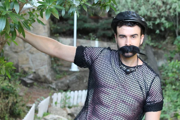 Close Retrato Belo Jovem Gay Orgulho Traje Com Falso Bigode — Fotografia de Stock